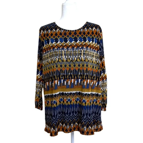 Multiples Womens Top Multicolor Geometric Print 3/4 Sleeve Tunic Mesh Size XL - Picture 1 of 7